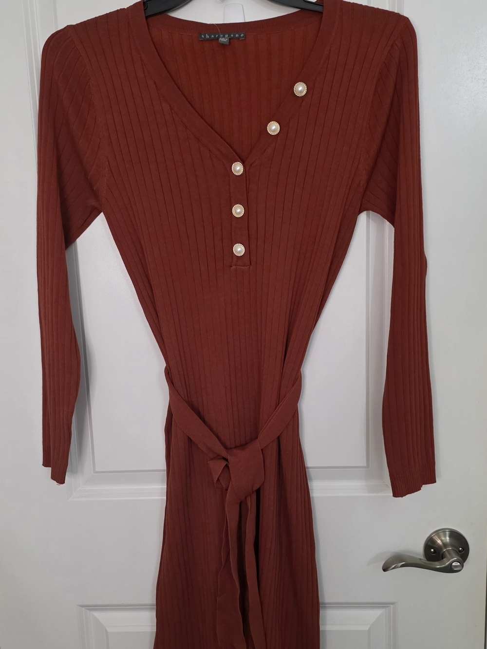 Sharagano Ribbed Long-Sleeve V-Neck Dress with Pearl Buttons - Rust